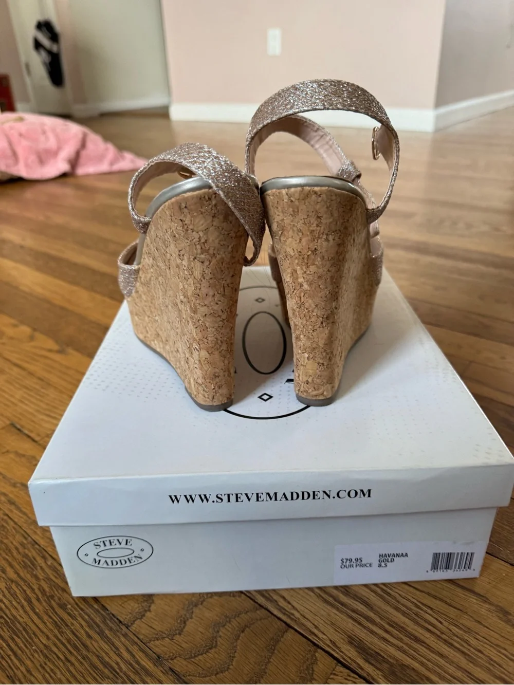 Steve Madden Champagne Glitter Cork Wedge Sandals 6 inche wedges